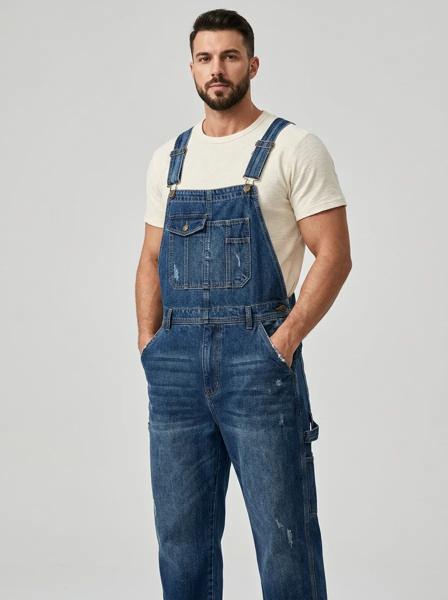 Men's Street Cargo-Pocket Denim Bib Overalls