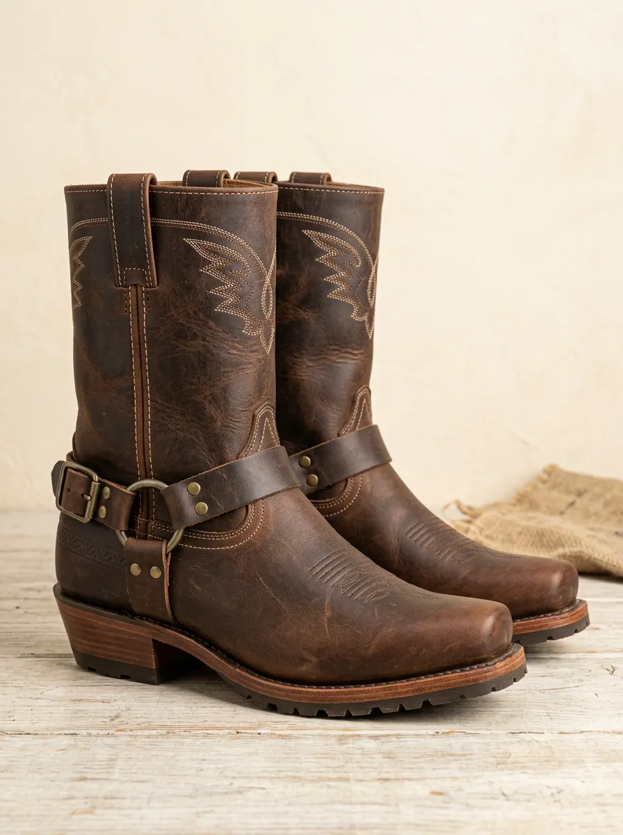 Men's Western Cowboy Brown Leather Wing Stitched Buckle Boots