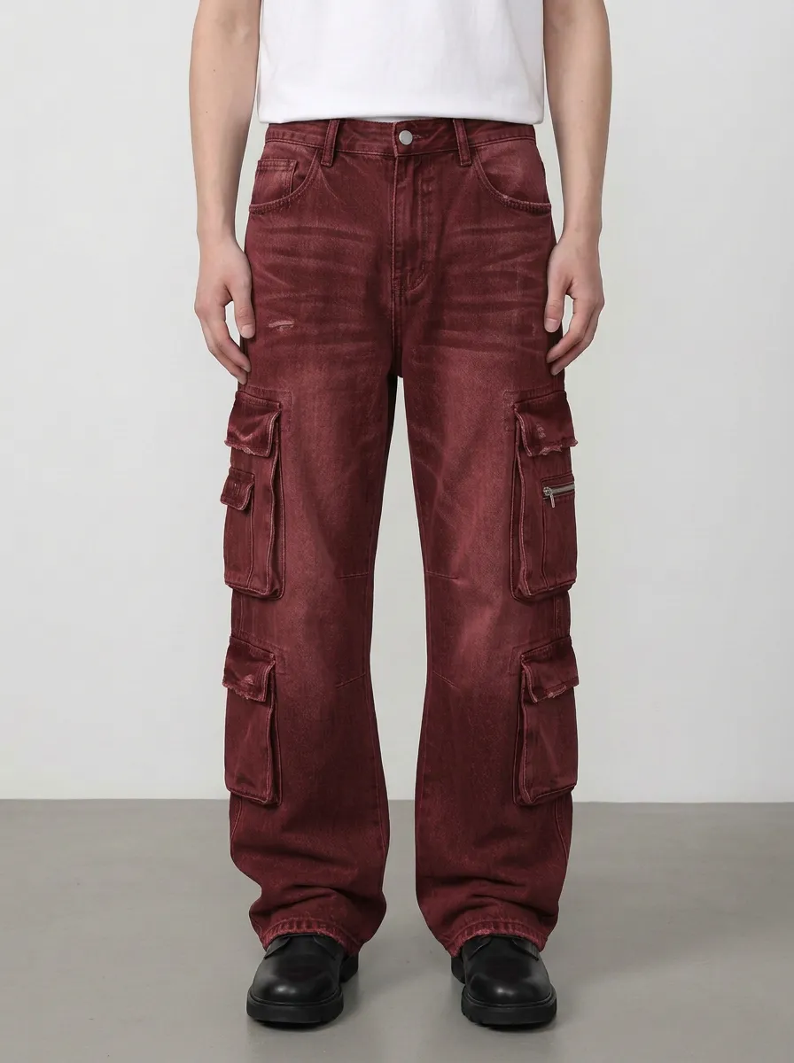 Men's Streetwear Vintage Washed Denim Multi-Pocket Cargo Pants