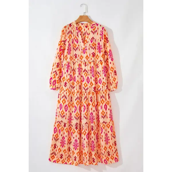 Tiered Printed Notched Long Sleeve Midi Dress