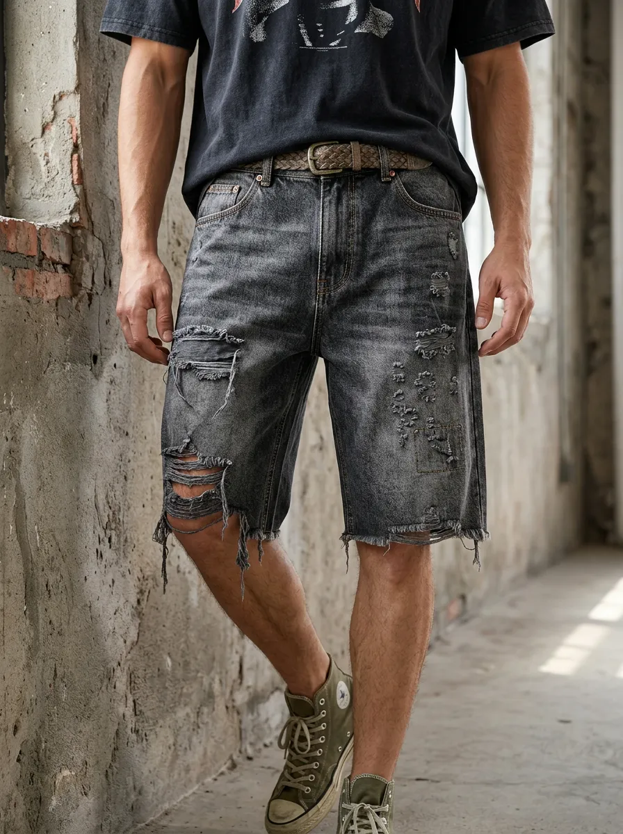 Men's Ripped Denim Shorts with Button Fly