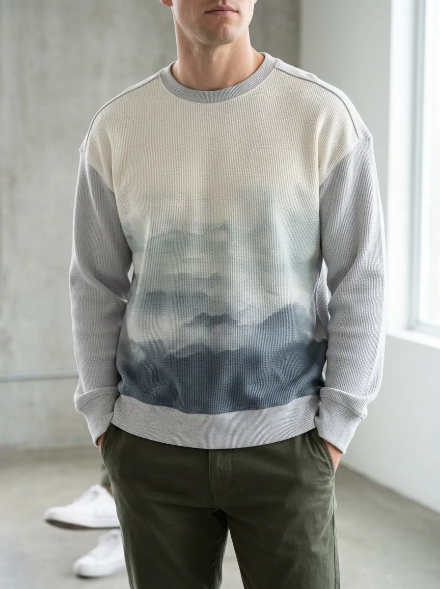 Men's Grey and Off-White Landscape Textured Waffle Knit Crewneck Sweatshirt