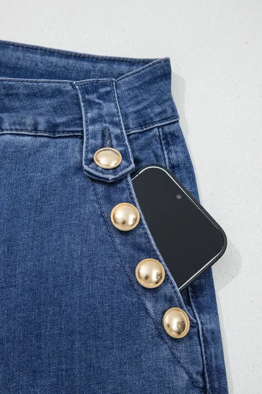 Golden Button Detail Rolled Edge Flare Leg Jeans