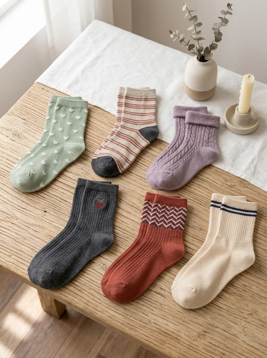 Women's Casual Aesthetic Heart Cherry Striped Patterned Cotton Socks Set
