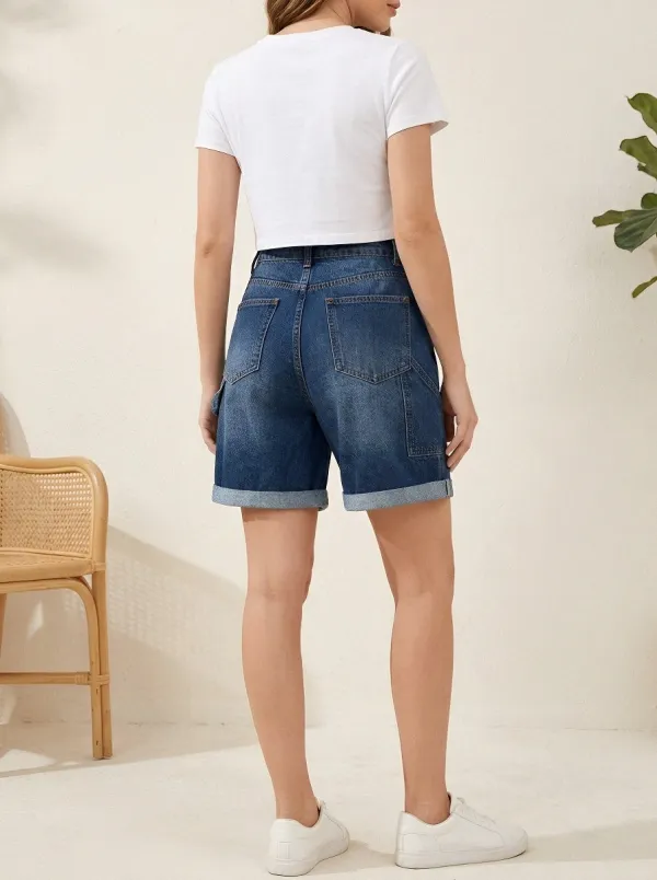 Women's Casual High Waisted Rolled Cuff Denim Shorts