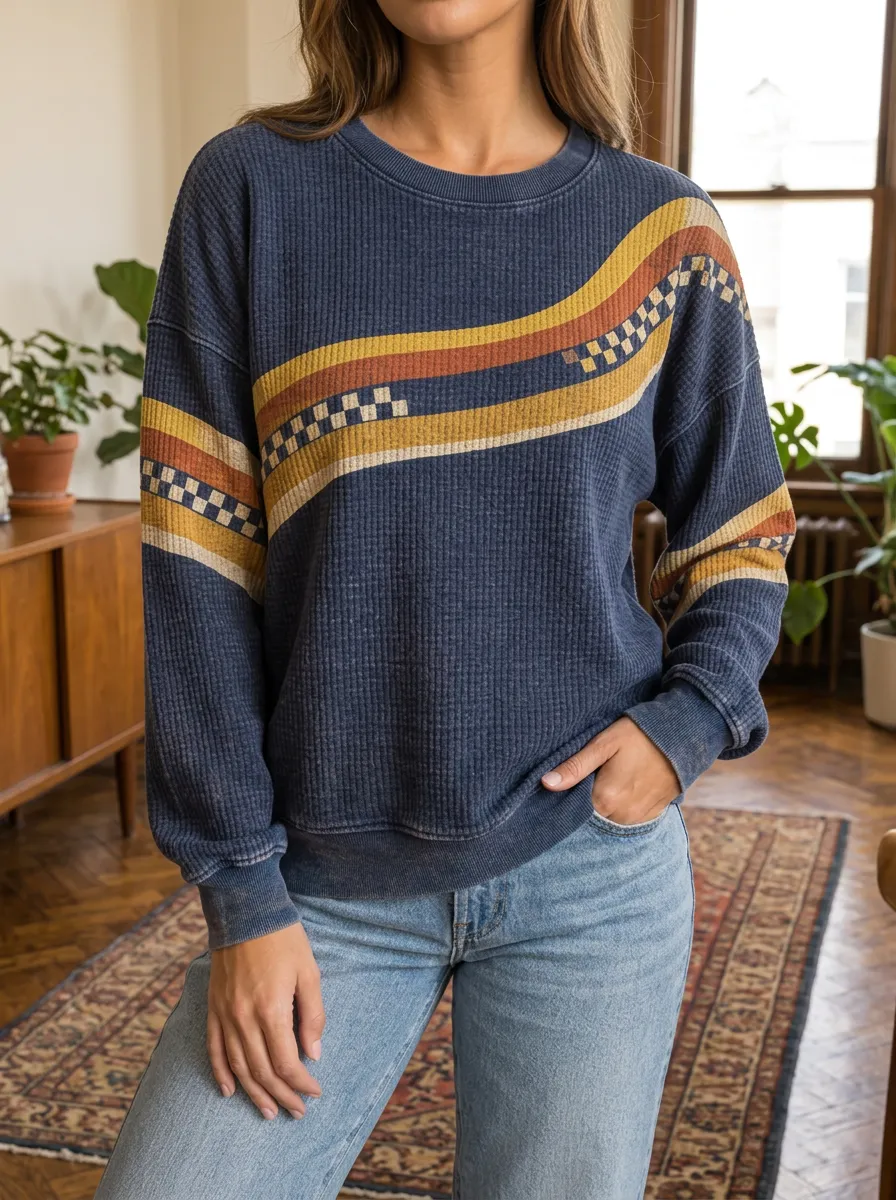 Women's Retro Wavy Checkerboard Printed Waffle Knit Crewneck Sweatshirt