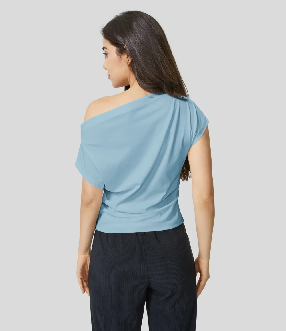 Off Shoulder Short Sleeve Ruched Casual Cotton Top