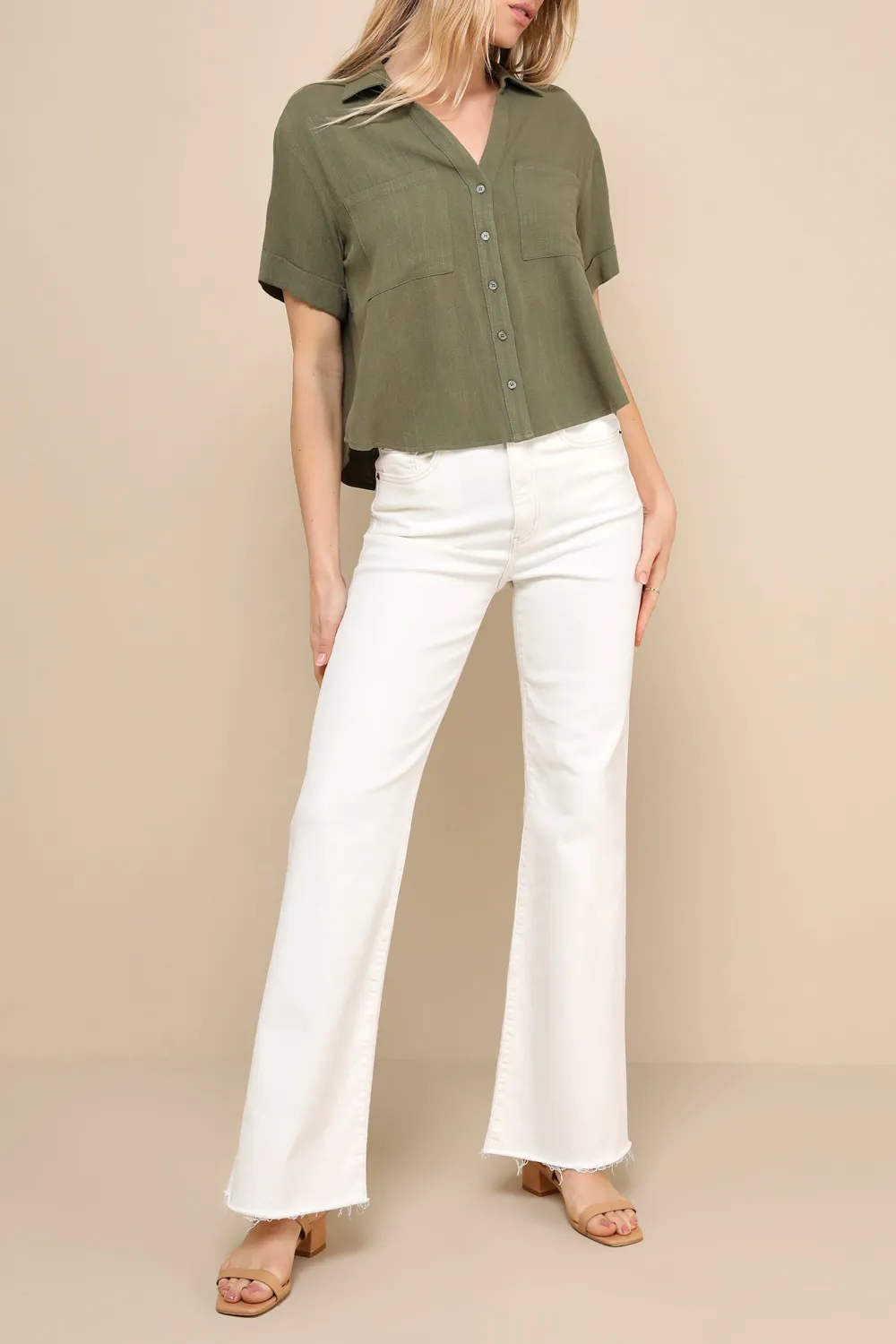 Casual Style Linen Collared Button-Up Top