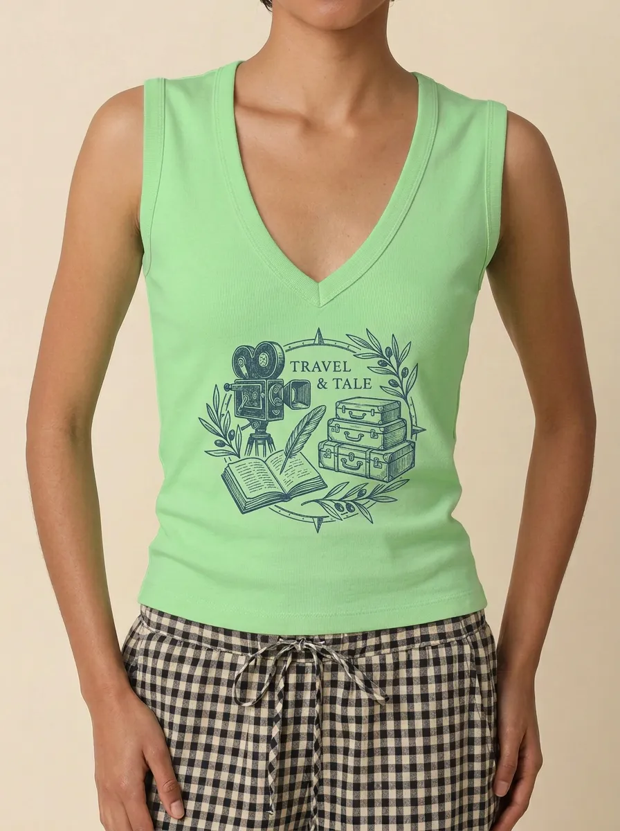 Women's Travel-Inspired Camera Book Suitcase Printed V-neck Tank Top
