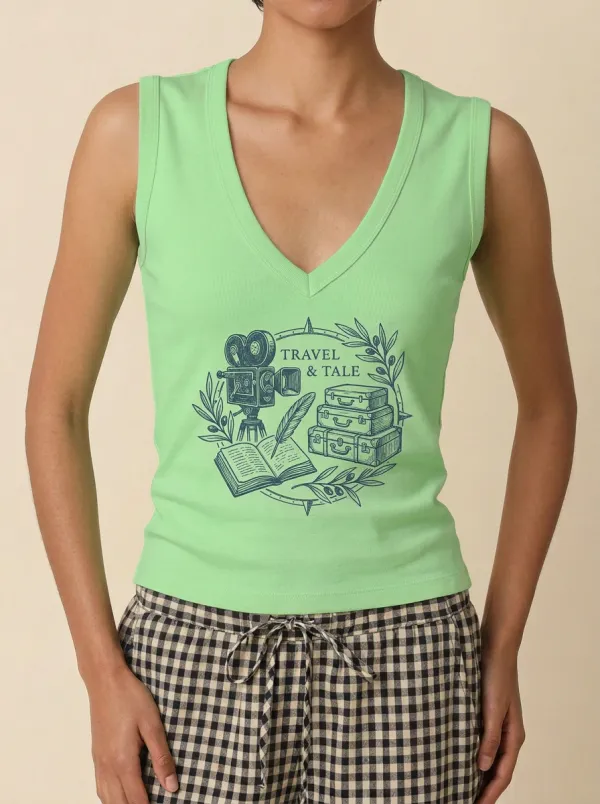 Women's Travel-Inspired Camera Book Suitcase Printed V-neck Tank Top