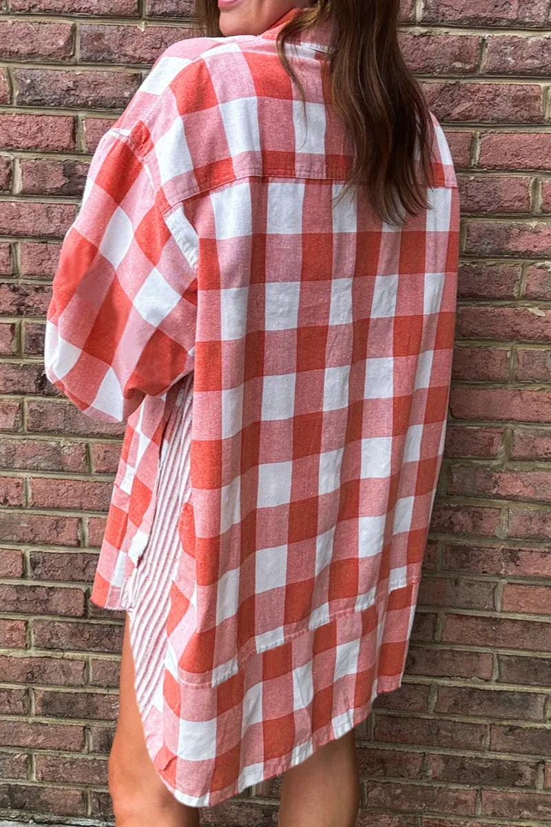 Oversized Plaid Puff Sleeve Round Hem Shirt Dress