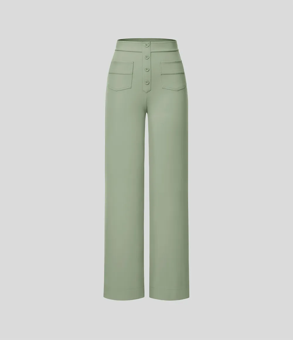 High Waisted Button Multiple Pockets Straight Leg Casual Pants
