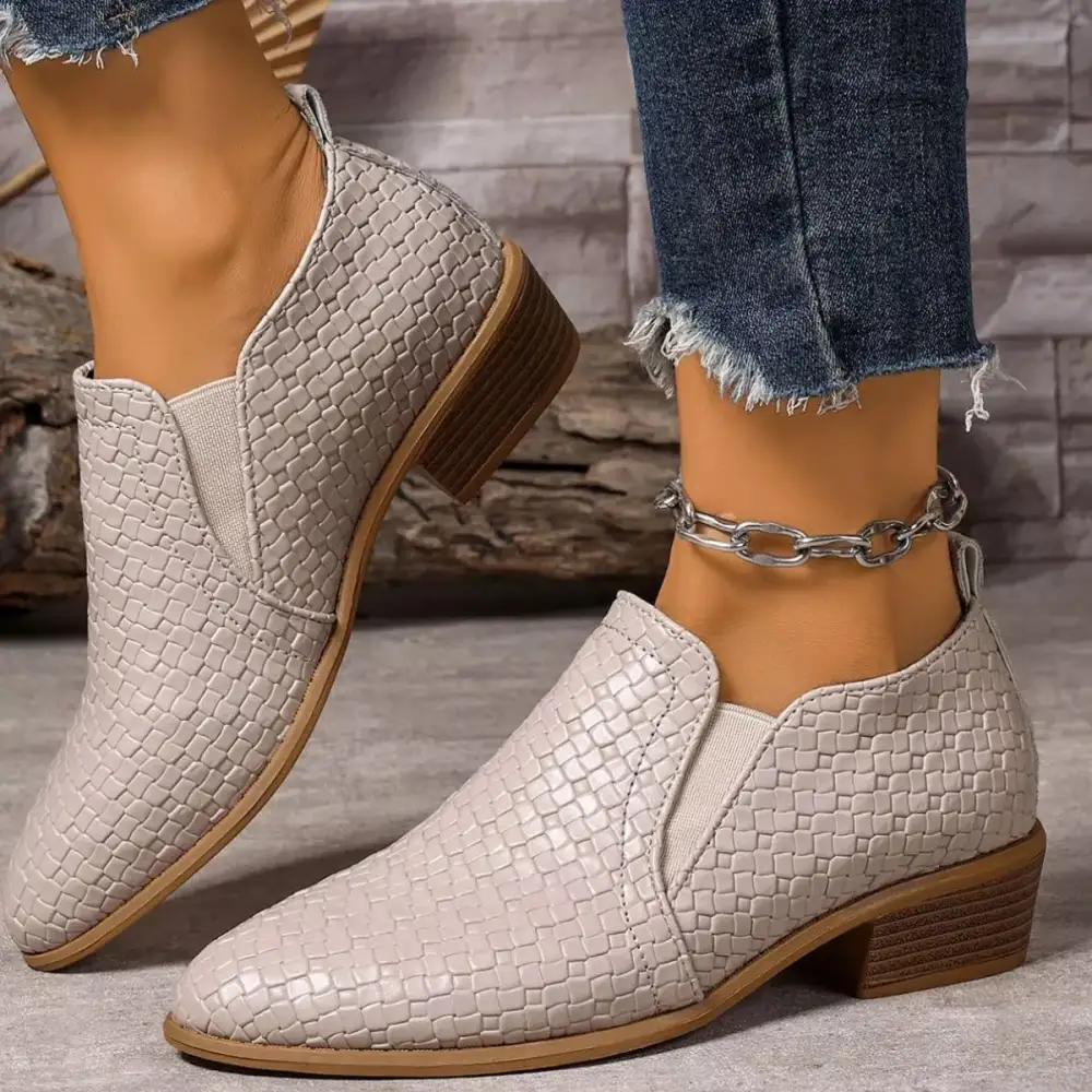 Textured Pointed Toe Block Heel Ankle Boots