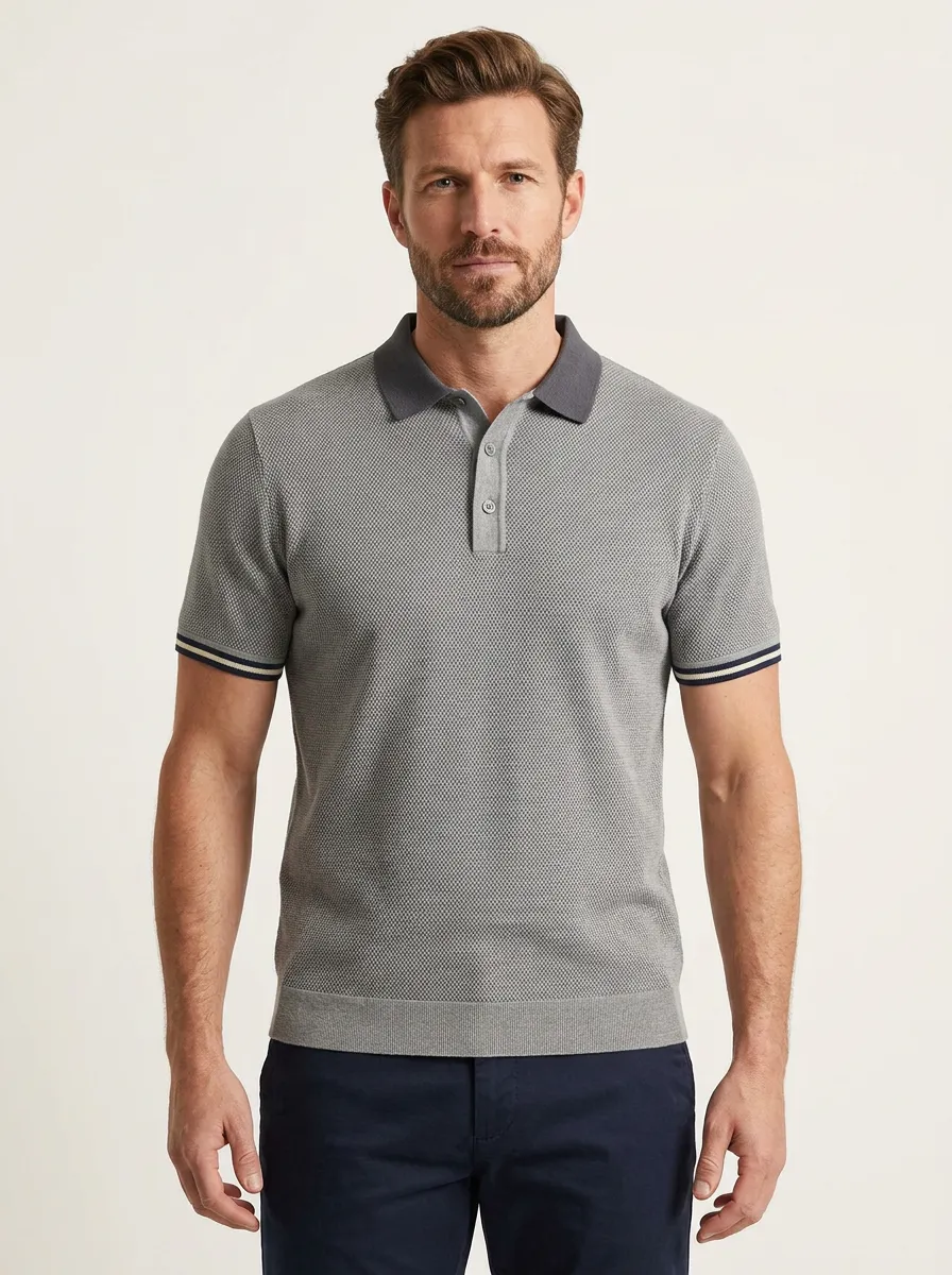 Men's Casual Grey Textured Knit Polo Shirt