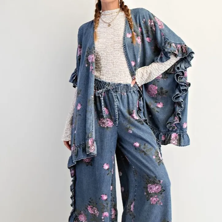 Open Front Floral Detail Chambray Ruffle Detail Cardigan