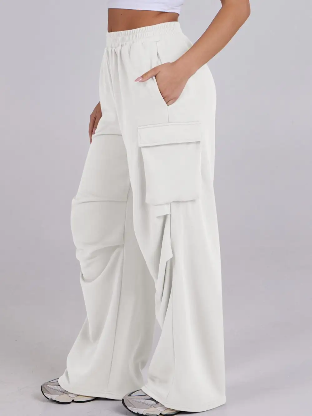 Elastic Waist Wide Leg Pants With Pocket