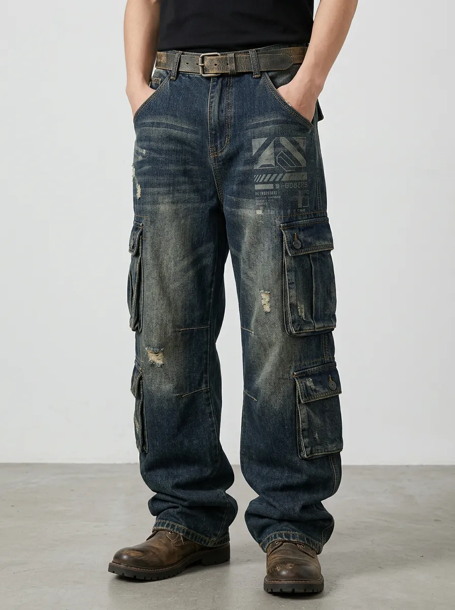 Men's Streetwear Graphic Distressed Printed Cargo Jeans