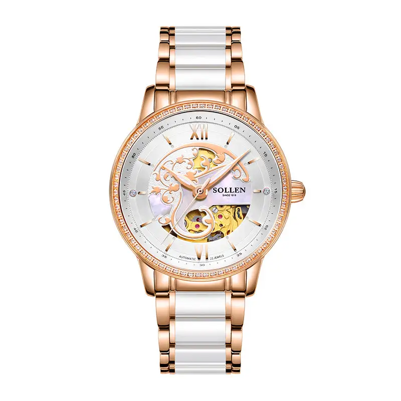 Sollen SL412 Women's Skeleton Automatic Watch - 36.5mm Crystal Bezel Sapphire Crystal Miyota 82S0 Ceramic Bracelet Wristwatch