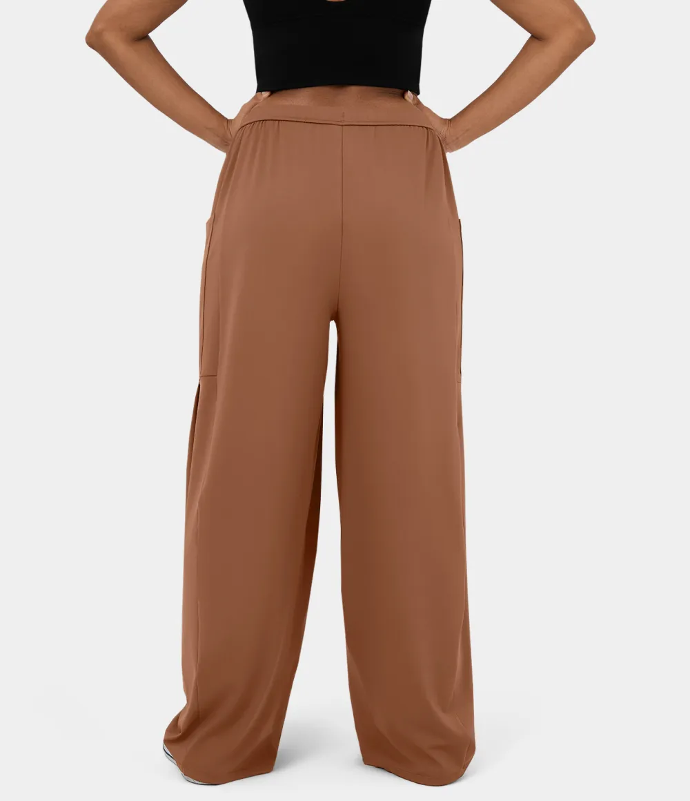 Mid Rise Elastic Waistband Drawstring Side Pocket Palazzo Flowy Wide Leg Casual Pants