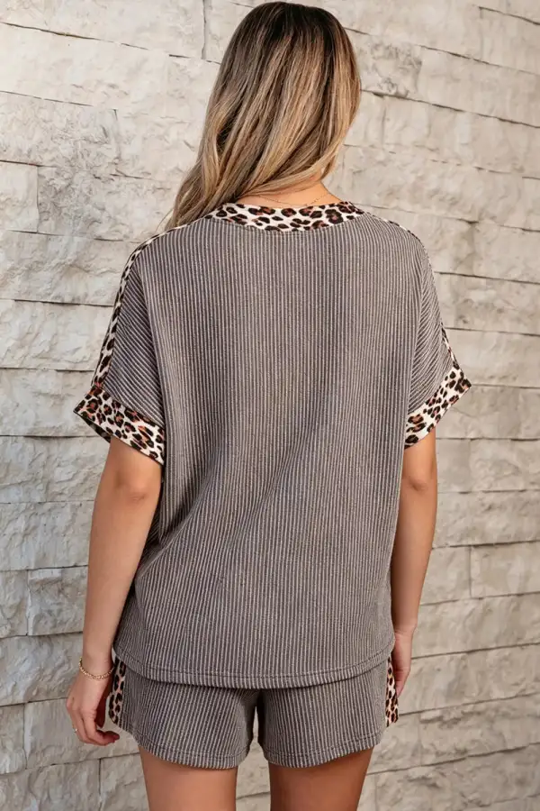Leopard Trim Ribbed Knit Tee and Shorts Set