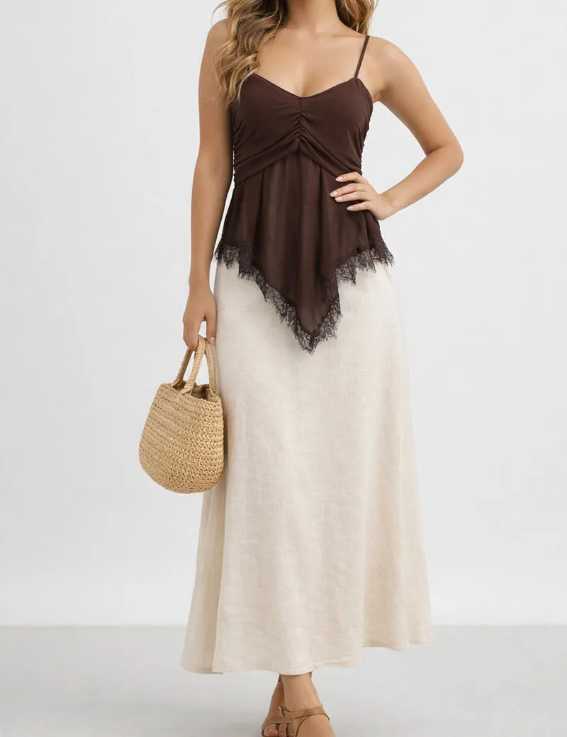 Sheer Mesh Lace Hem Spaghetti Strap Cami Top
