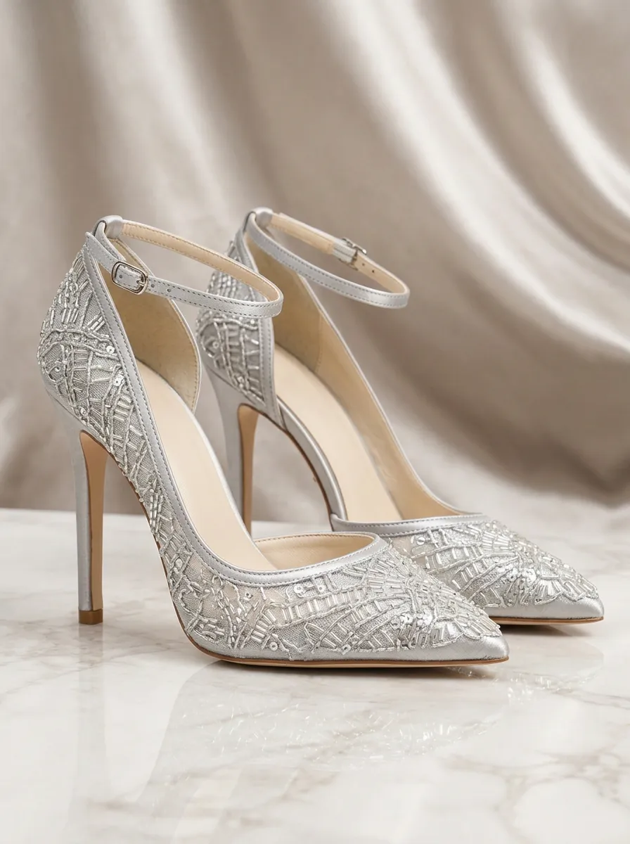 Sequin Embroidered Mesh Buckle-Strap Women's Formal High Heels