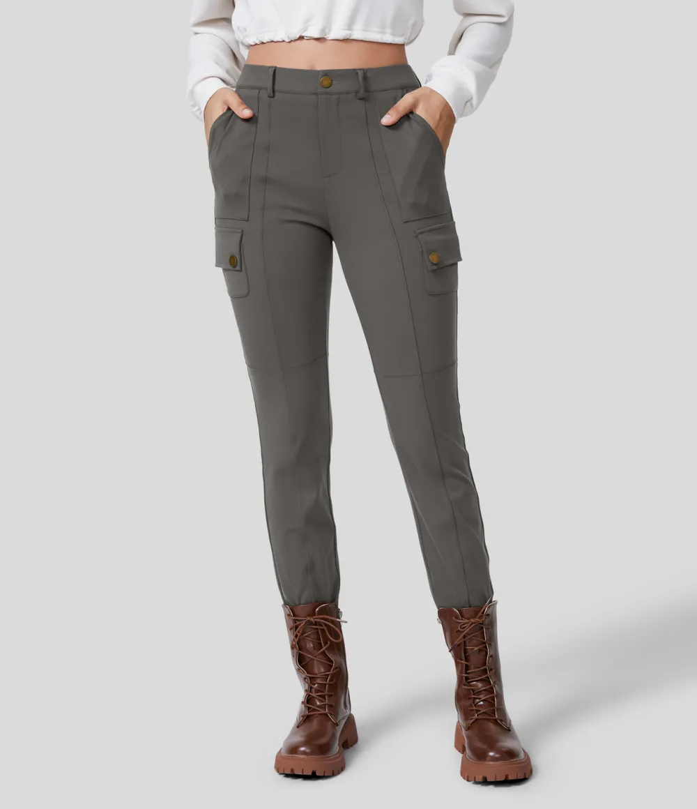 High Waisted Button Zipper Multiple Pockets Solid Skinny Cargo Pants