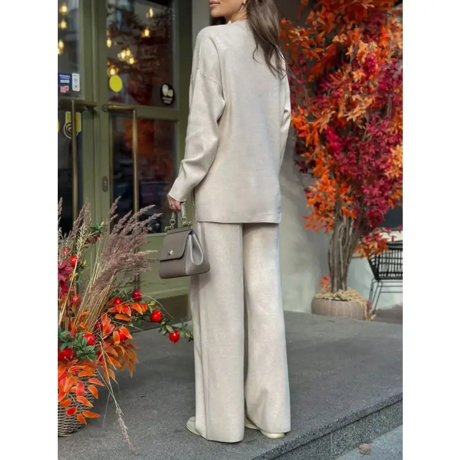 Slit Mock Neck Top and Pants Sweater Set