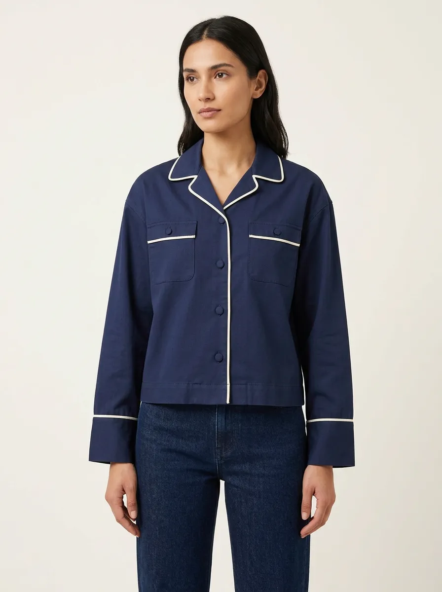 Women's Notched-Lapel Contrast-Piped Flap-Pocket Shirt
