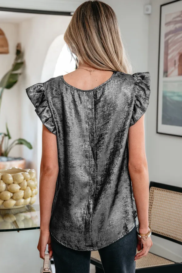 Silvery Metallic Round Neck Ruffle Top