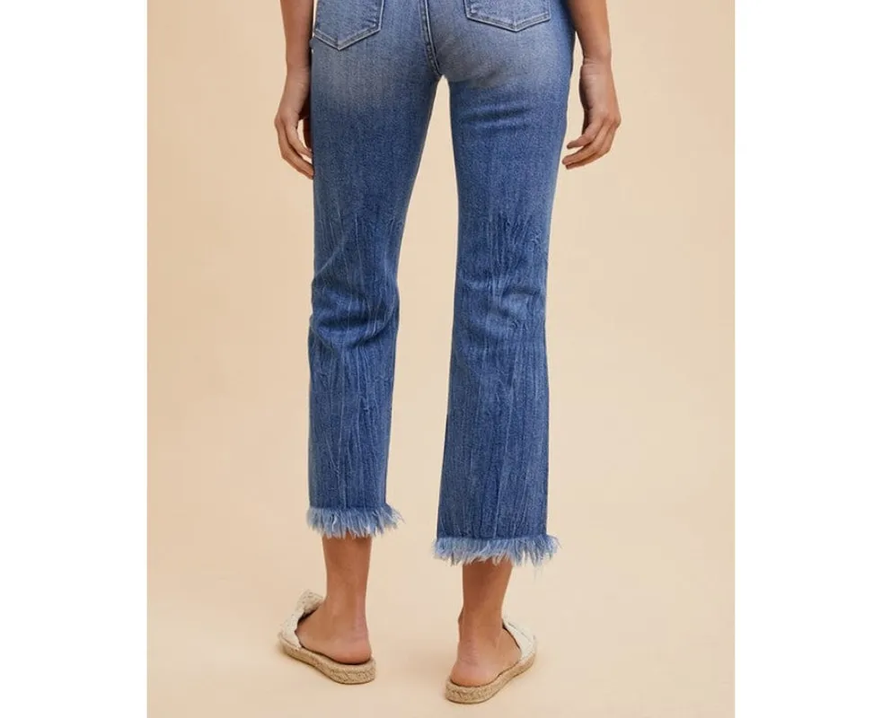Distressed Raw-Hem Straight Leg Cropped Jeans