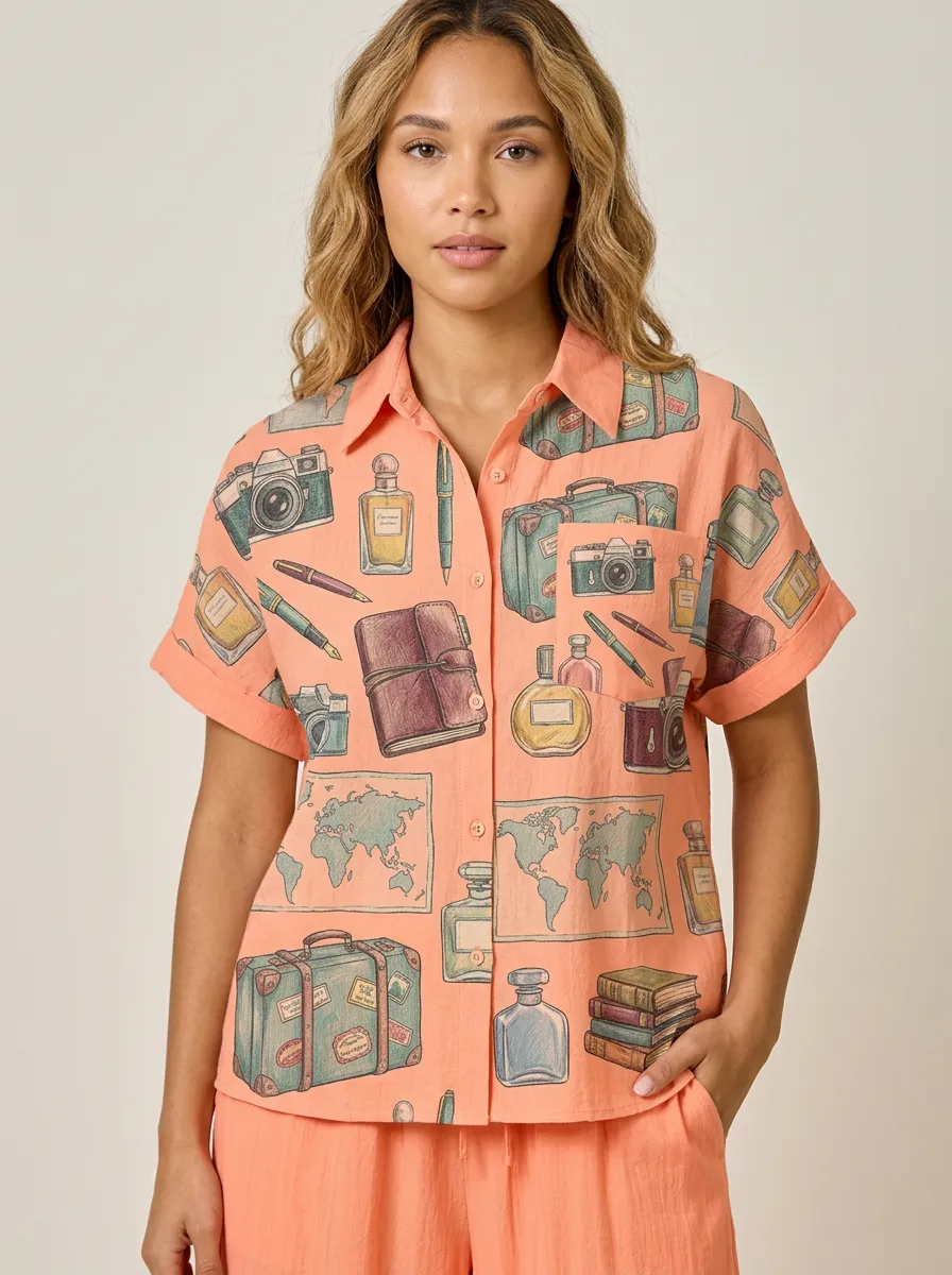 Women's Travel-Inspired Vintage Map Camera Printed Shirt