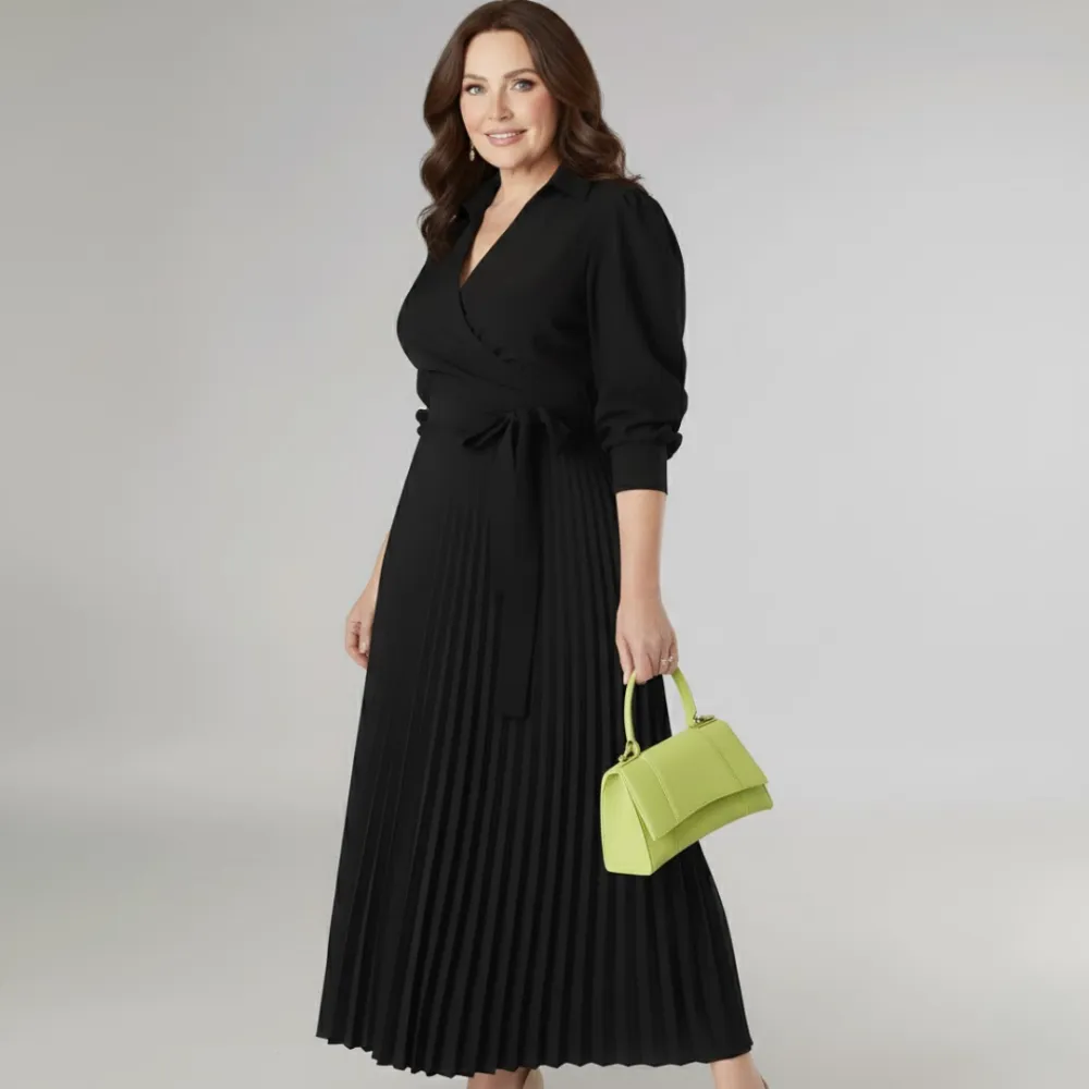  Pleated Wrap Midi Dress