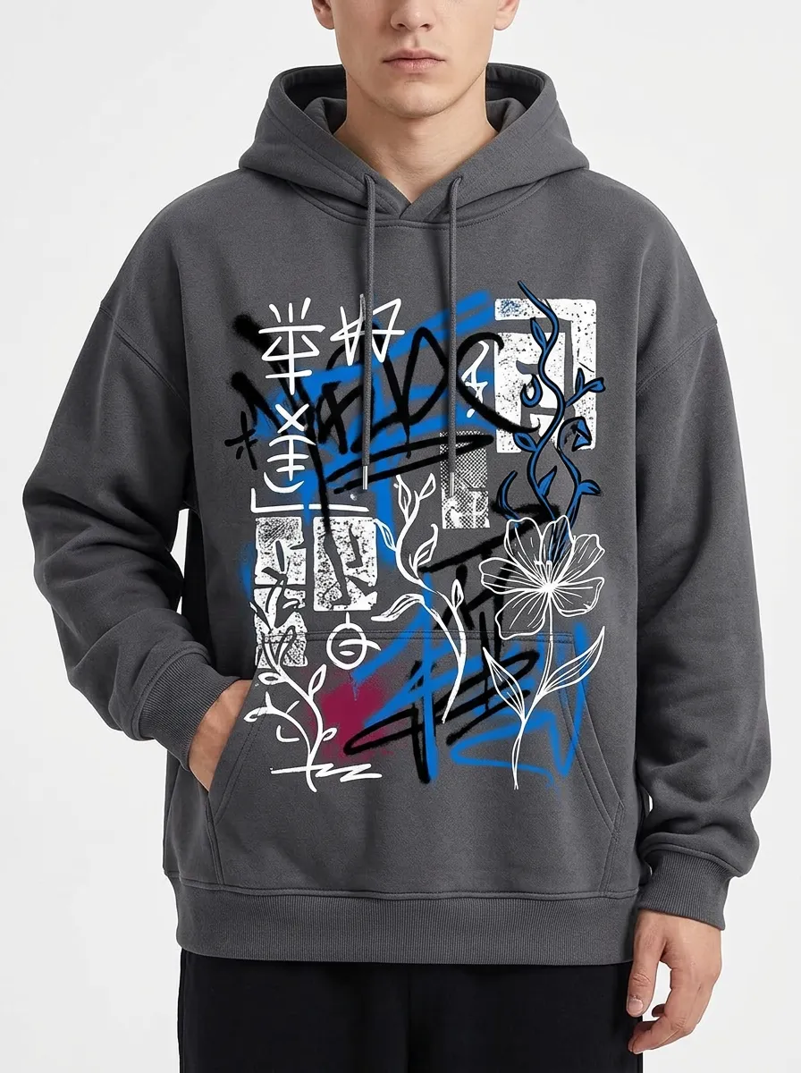 Unisex Streetwear Japanese Kanji Floral Graffiti Hoodie