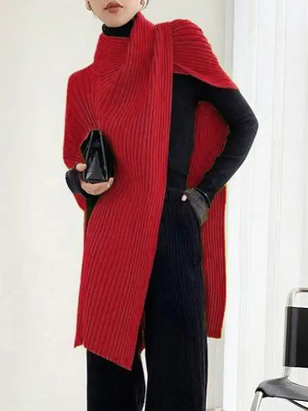 Asymmetric Paneled High Neck Relaxed Fit Sweater
