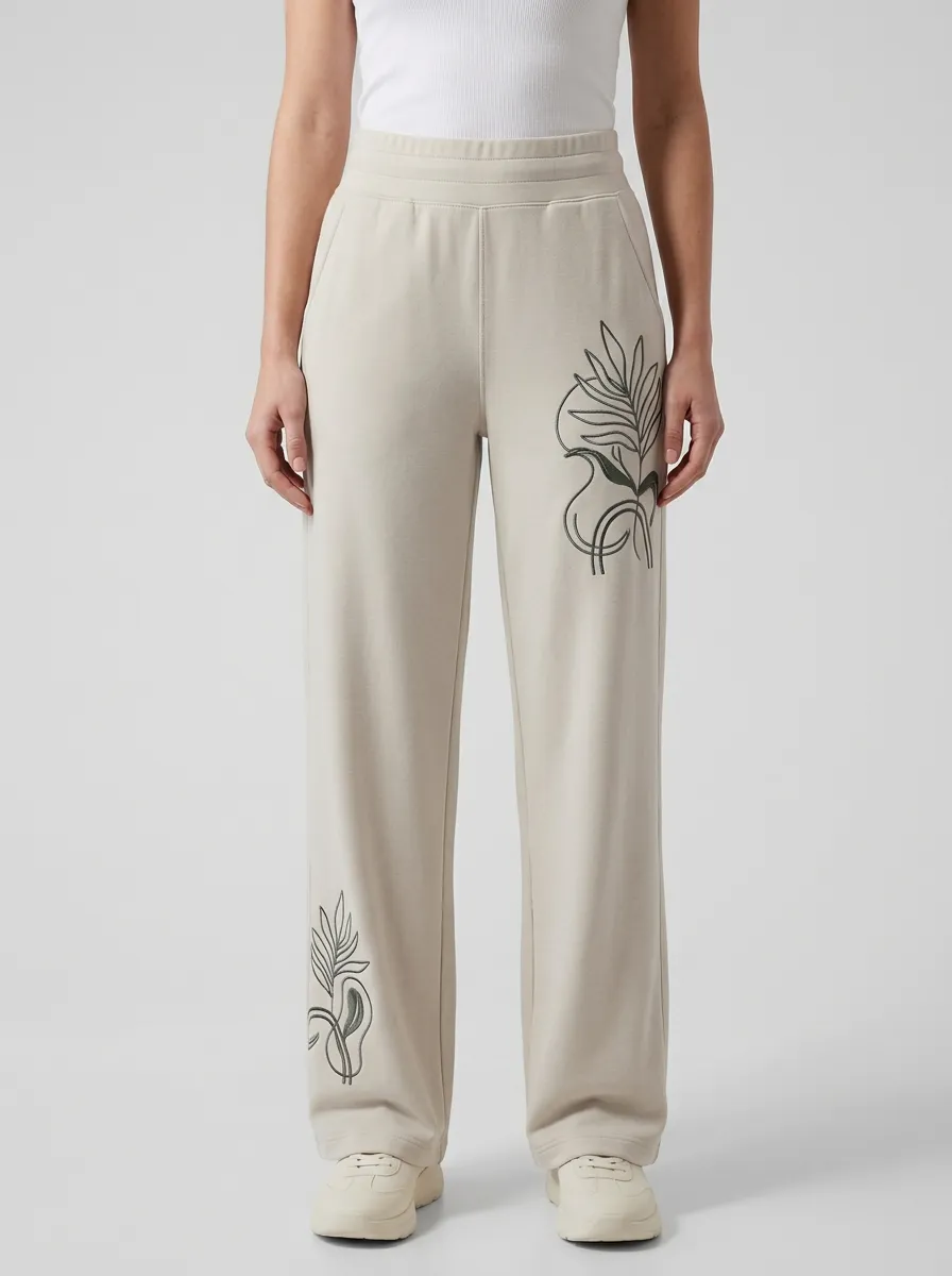 Women's Beige Botanical Print Wide-Leg Sweatpants
