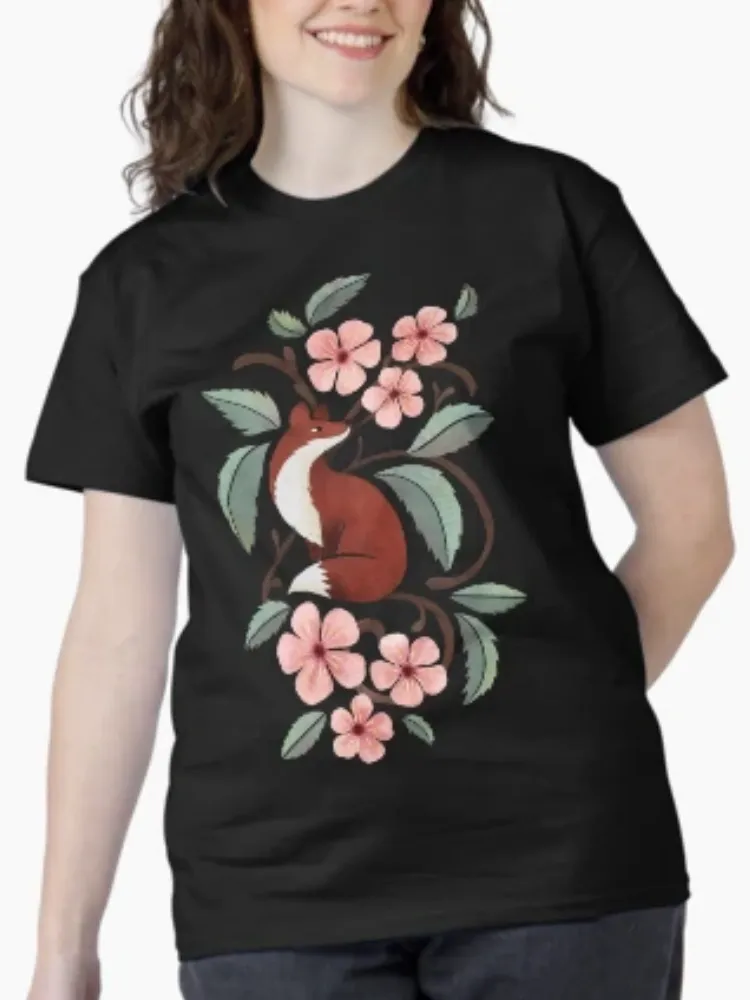 Lady Fox Floral Print Round-neck Short-sleeved T-shirt