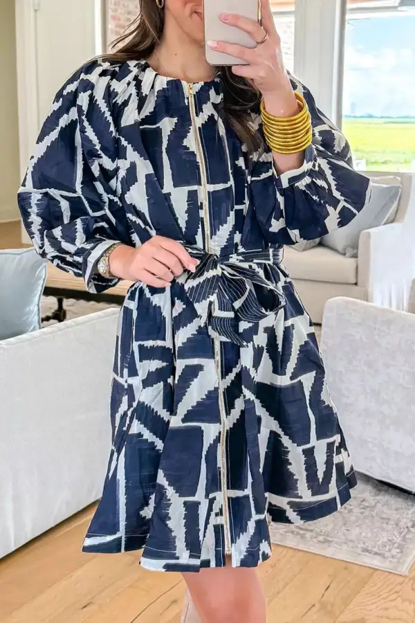Abstract Geometric Print Zip-Front Tie Waist Shift Dress