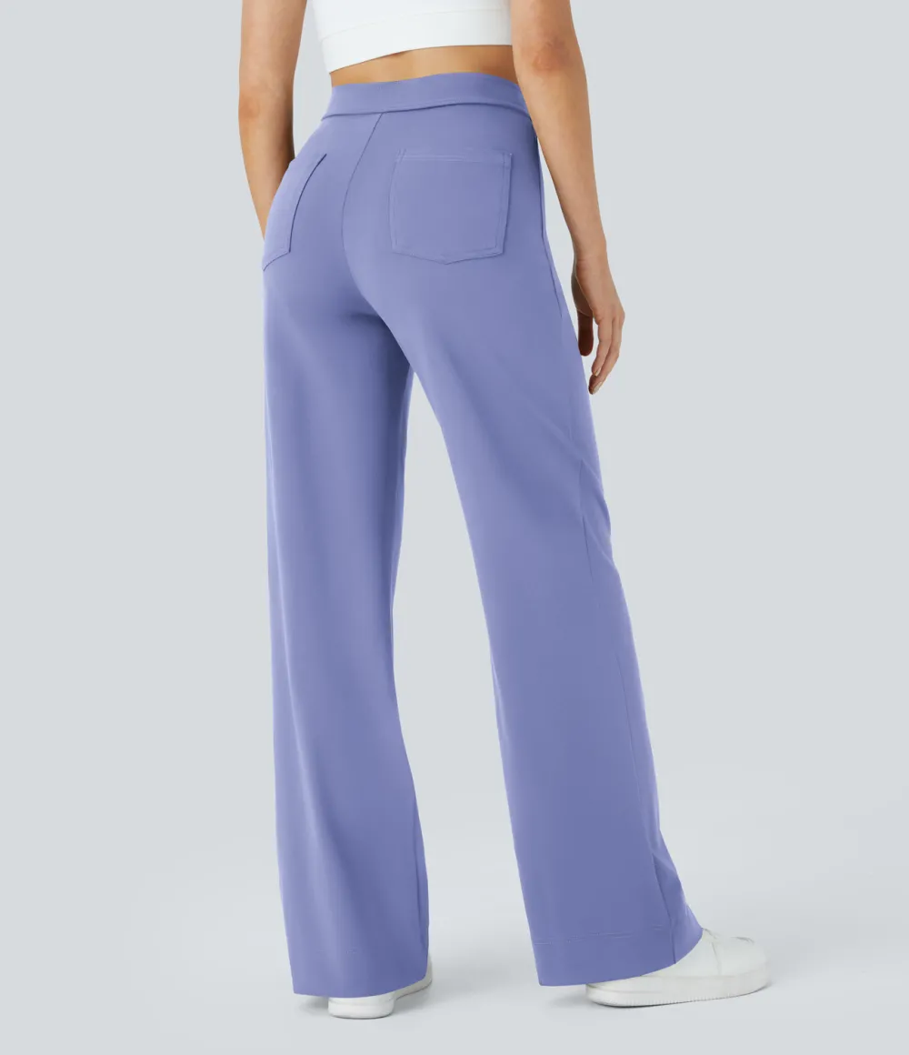 High Waisted Button Multiple Pockets Straight Leg Casual Pants