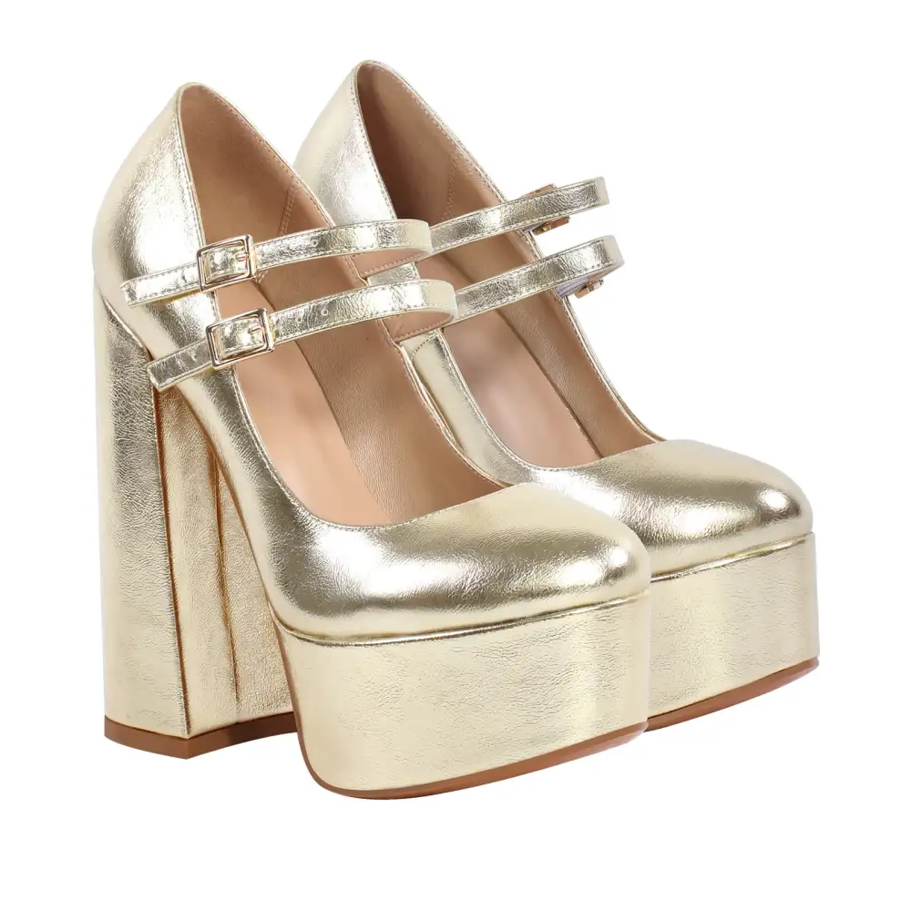 Round Toe Platform Chunky Heel Buckle Strap Pumps
