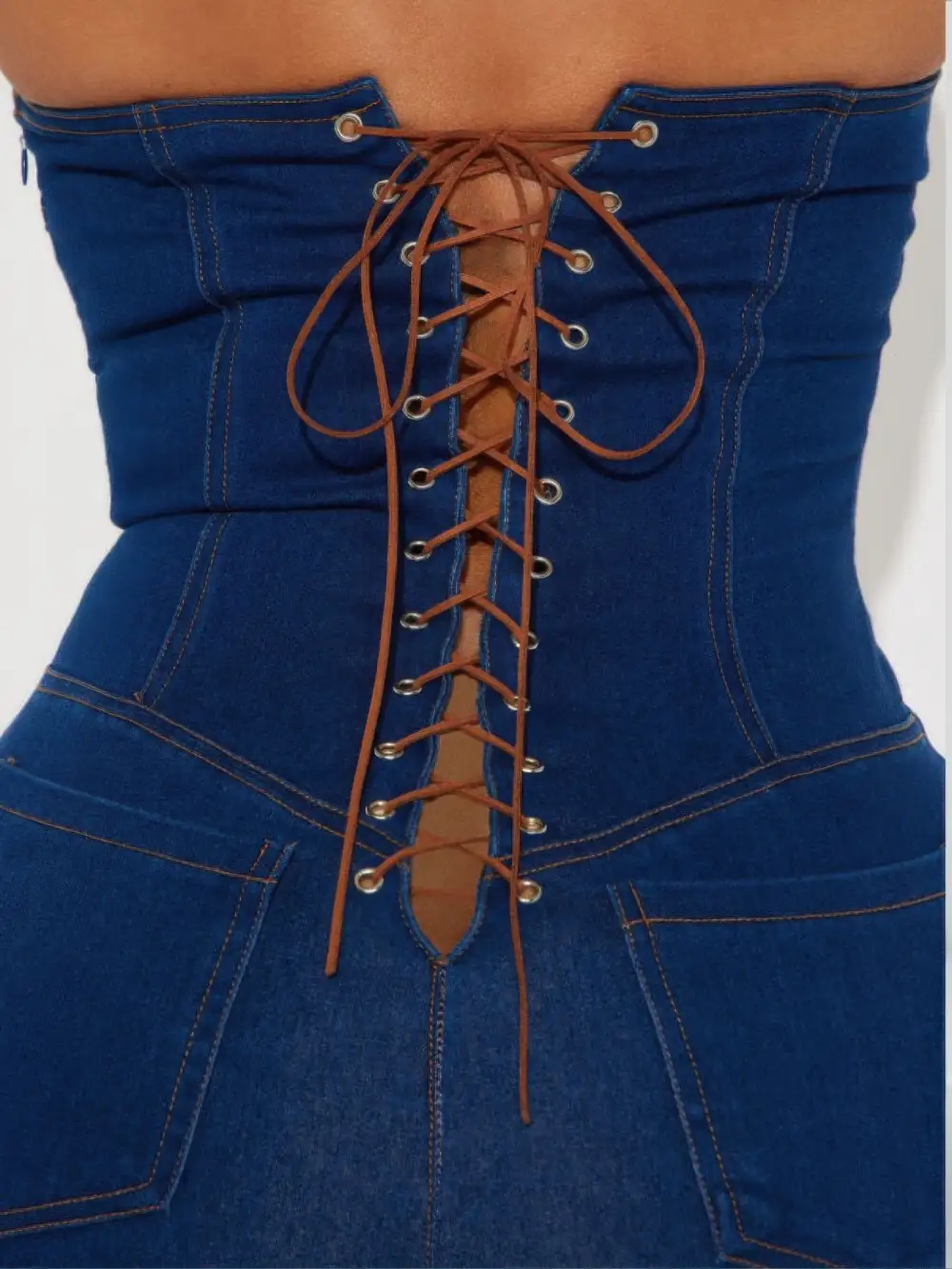 Strapless Denim Jumpsuit Lace Up Back Pants