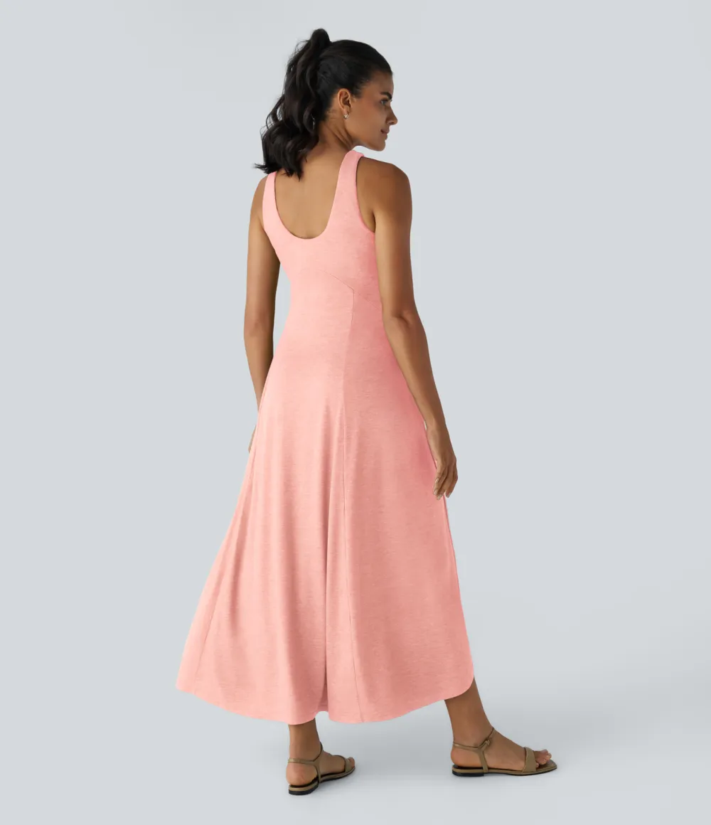 U Neck Backless Split Flowy Maxi Casual Tank Dress