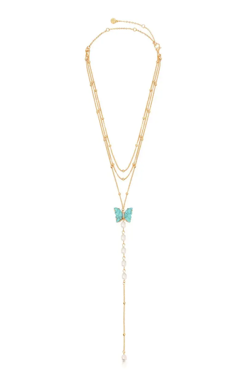 Ettika Turquoise Butterfly Pearl Chain Lariat Necklace