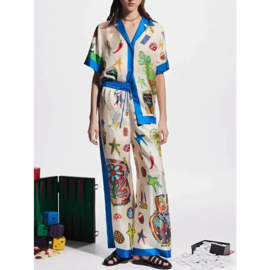 Vacation Printed Button Up Shirt and Pants Set
