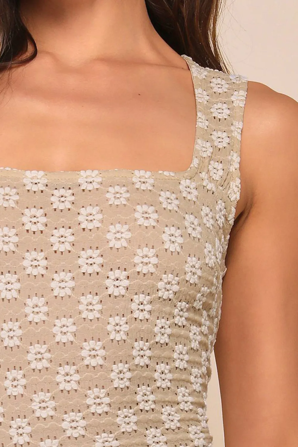 Casual Style Beige and Ivory Floral Textured Tank Top