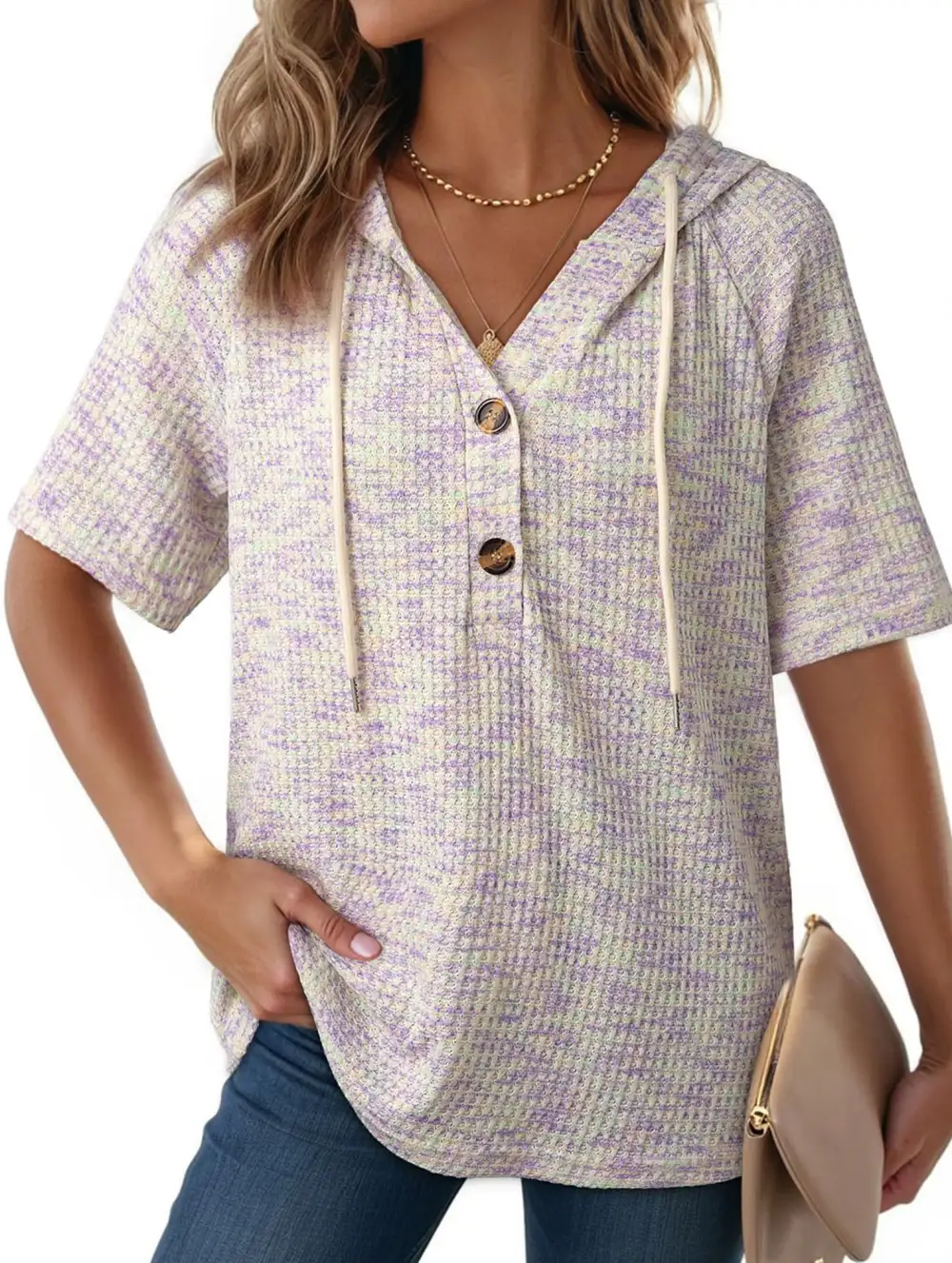 Waffle V-Neck Hooded Short Sleeve Top