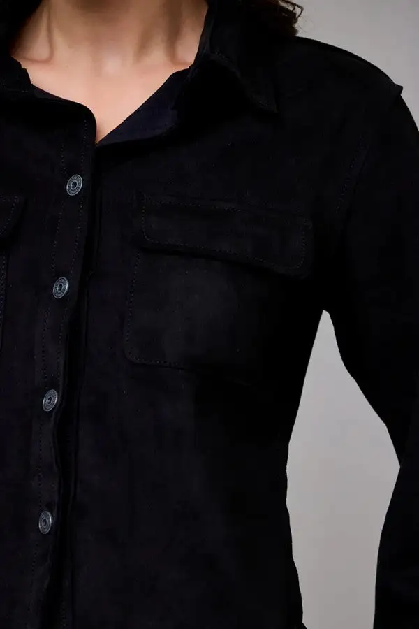 Women's Black Suede Button Down Shirt