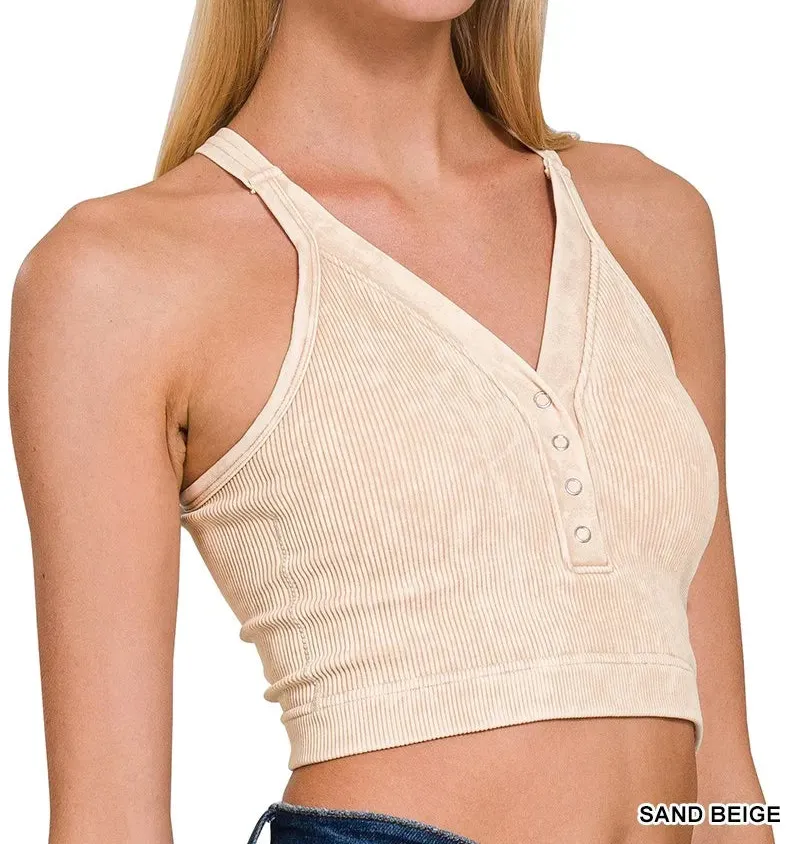 Washed Ribbed Seamless Button V Neck Tank