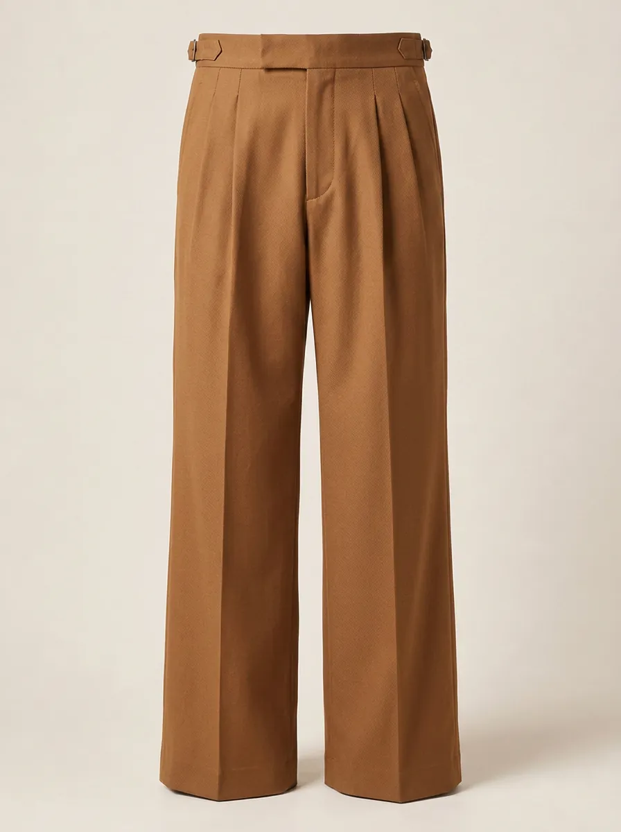 Men's Vintage Style Brown Pleated Wide Leg Trousers