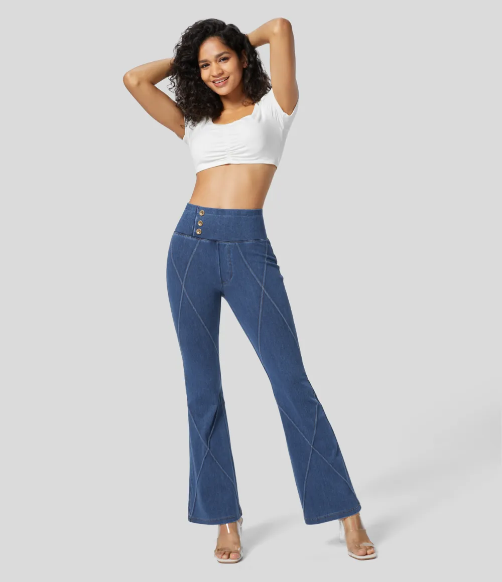 Magic High Waisted Button Top-stitching Washed Stretchy Knit Casual Flare Jeans